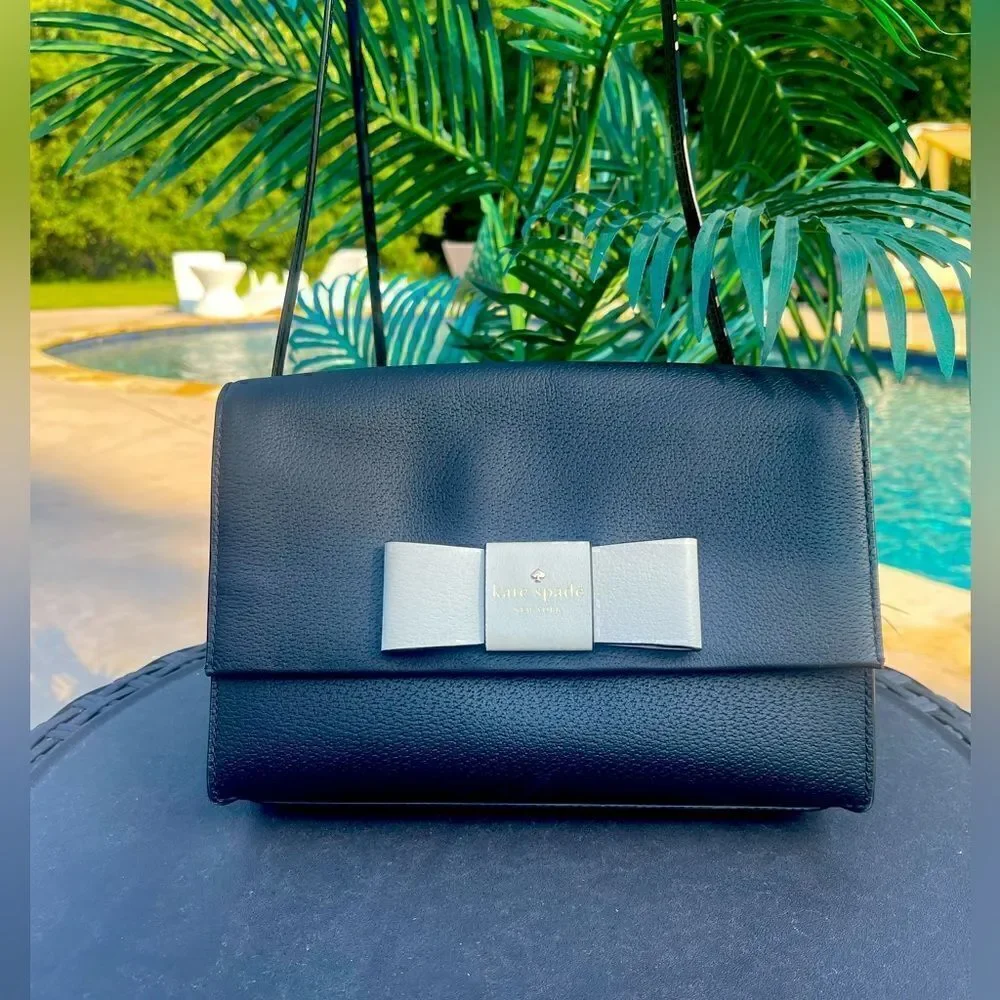 Kate Spade Kirk Park Saffiano Veronique Alek Crossbody Bow Black Beige Bow